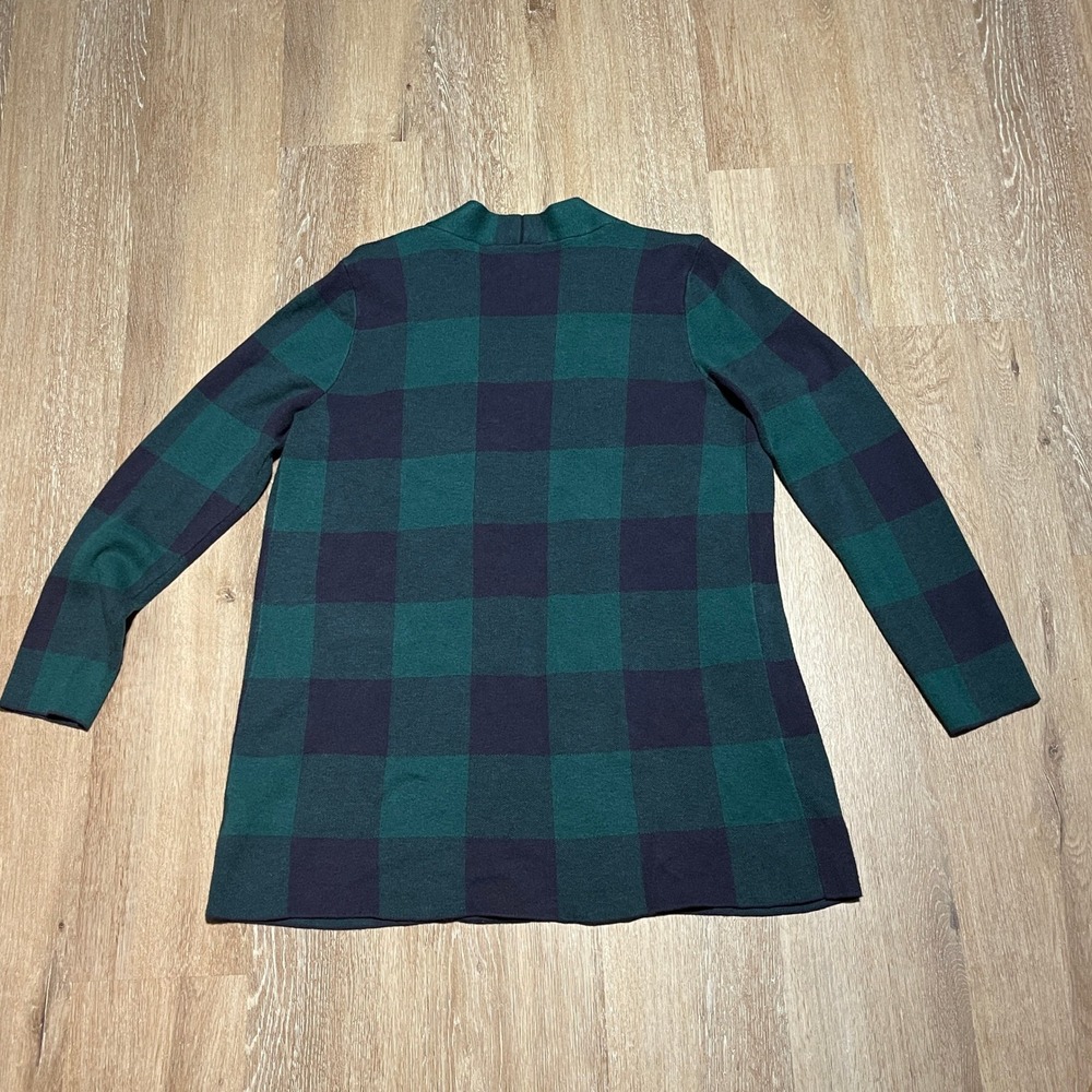 Talbots M Petites Green Navy Buffalo Plaid Open Front Knit Cardigan Sweater EUC - Picture 2 of 5